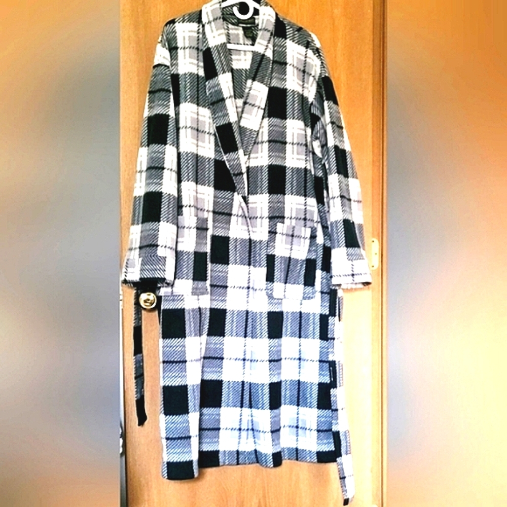 Hill&Archer Polar Fleece Plaid Black-White Men Robe De Chambre XL
